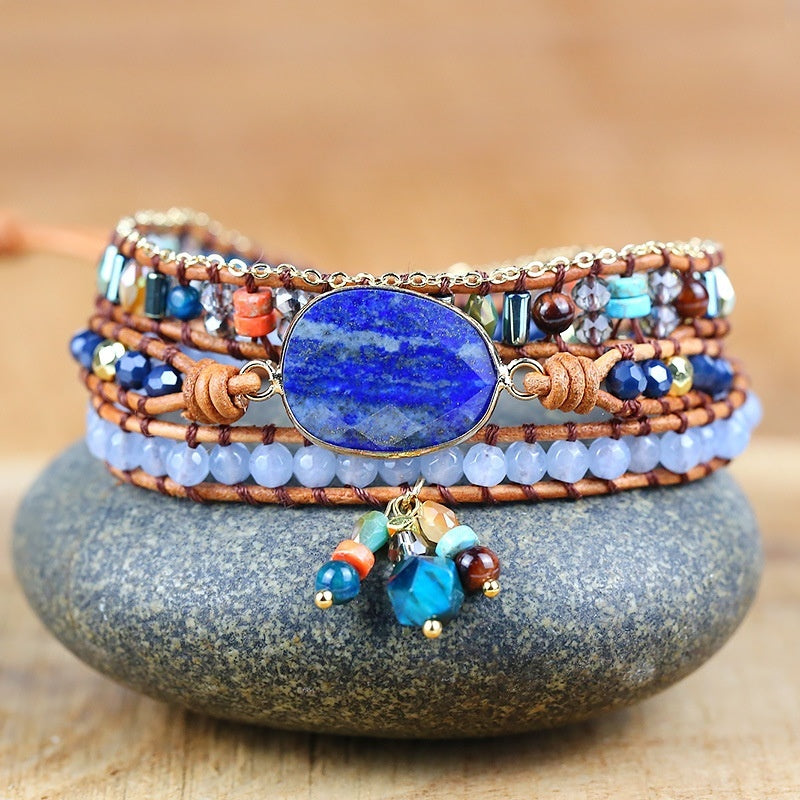 Lapis Lazuli Bezel-Set Multi-Layer Wax Cord Bracelet | Hand-Knitted | Artistic Retro