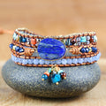 Lapis Lazuli Bezel-Set Multi-Layer Wax Cord Bracelet | Hand-Knitted | Artistic Retro