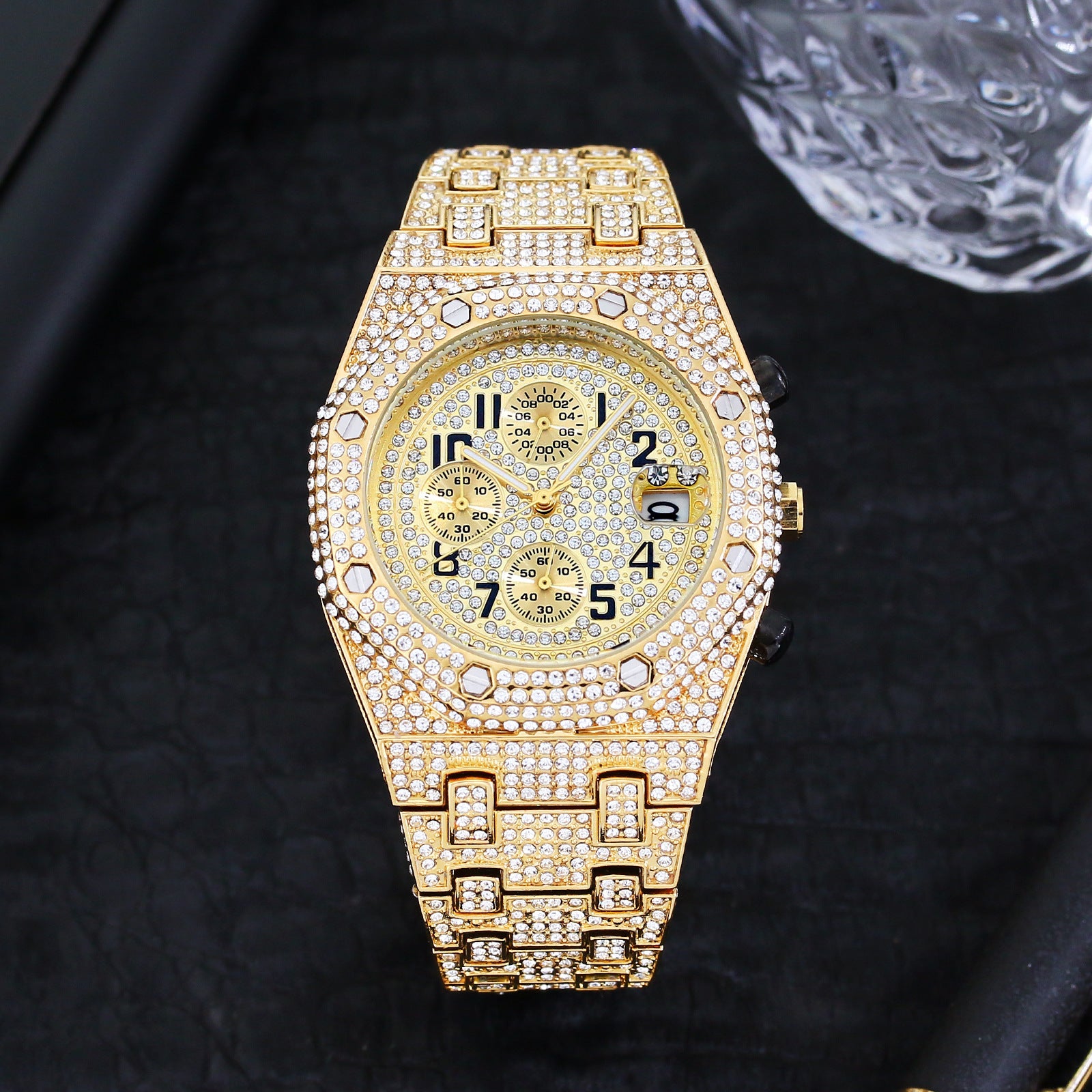Full Diamond Three-Eye Chronograph Men's Watch | Gold & Silver