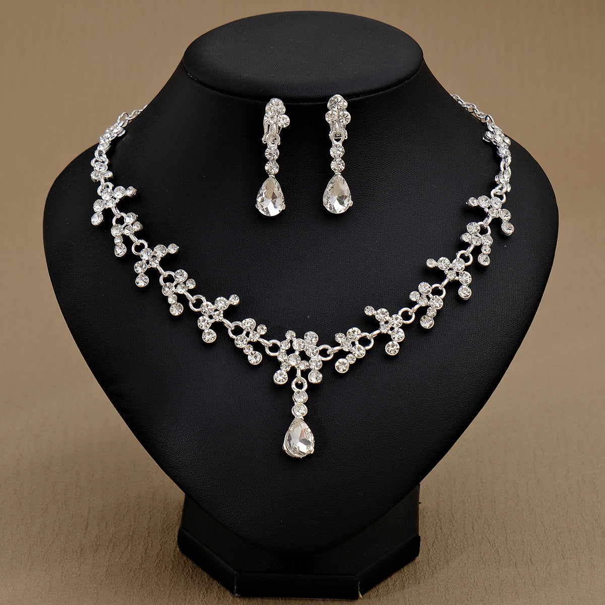 Rhinestone Necklace & Earrings Jewelry Set | Heart, Water Drop & Bell | 21 Colors | Bridal & Evening