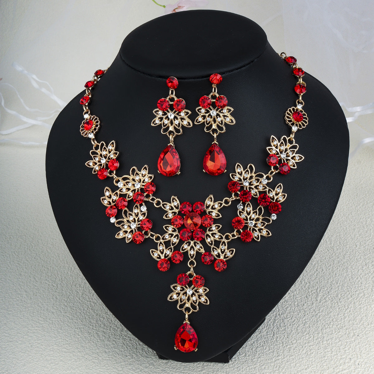 Rhinestone Necklace & Earrings Jewelry Set | Heart, Water Drop & Bell | 21 Colors | Bridal & Evening