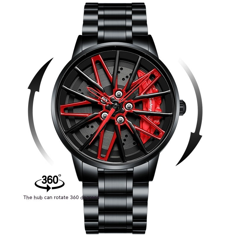 Huracan Rotating Wheel 3D Hollow Men's Watch | All Black | 44mm | Quartz | Red & Yellow