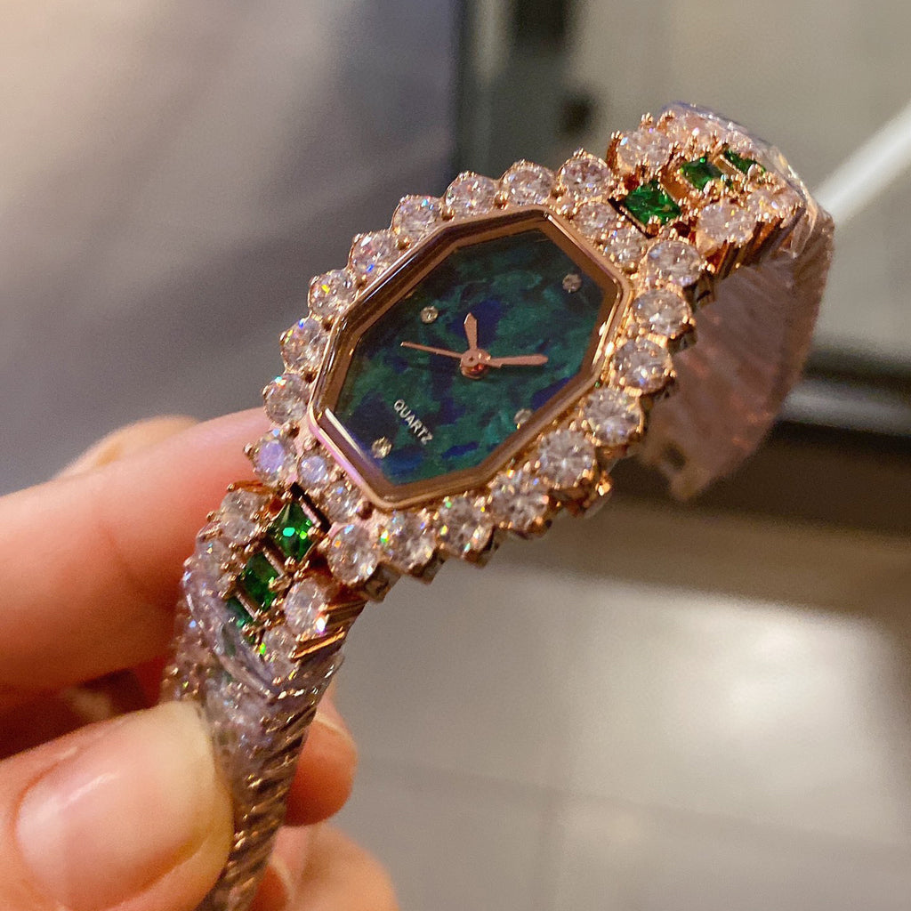 Wine Barrel Full Diamond Green Watch | Tonneau Dial | 316L Steel