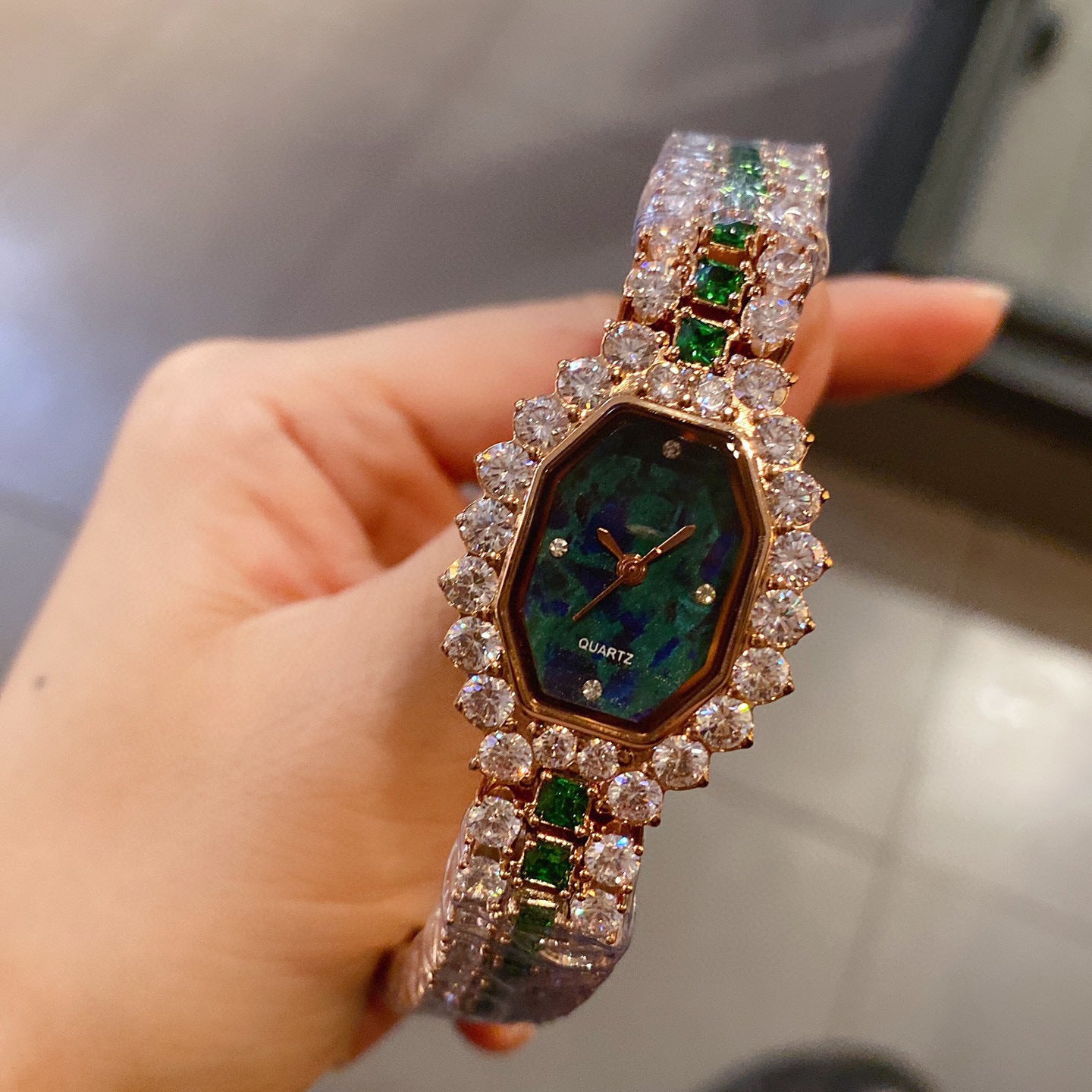 Wine Barrel Full Diamond Green Watch | Tonneau Dial | 316L Steel