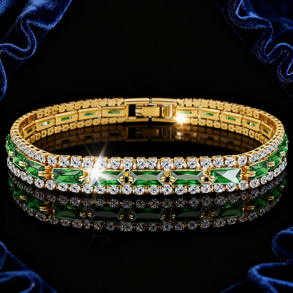 Full-Diamond Green Zircon Geometric Bracelet | Copper | Circle & Quadrilateral | 3 Styles