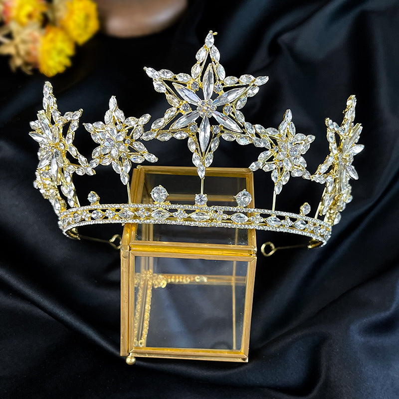 Rhinestone Fashion Crown Headdress | 16K Gold Electroplated | European Style | Bridal & Photography