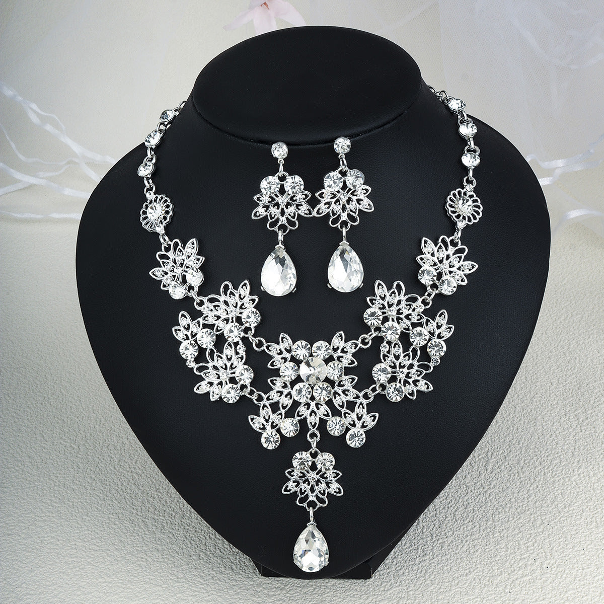 Rhinestone Necklace & Earrings Jewelry Set | Heart, Water Drop & Bell | 21 Colors | Bridal & Evening