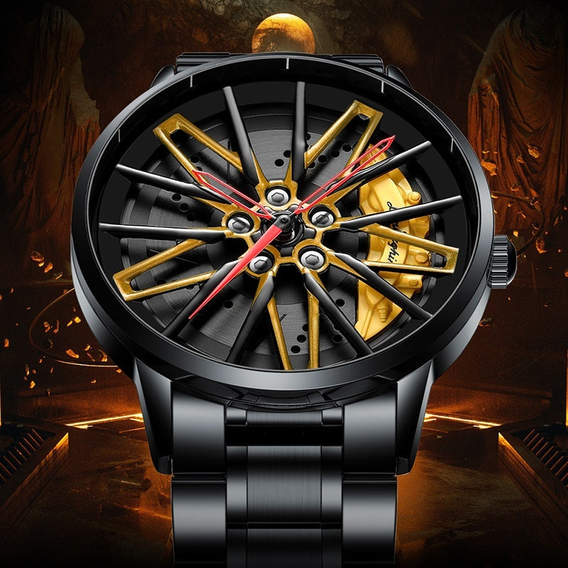 Huracan Rotating Wheel 3D Hollow Men's Watch | All Black | 44mm | Quartz | Red & Yellow