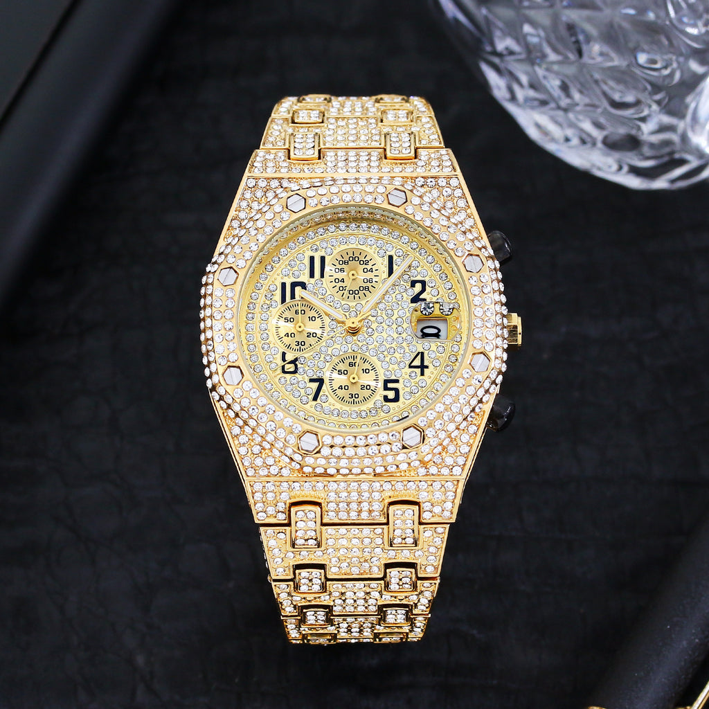 Full Diamond Three-Eye Chronograph Men's Watch | Gold & Silver