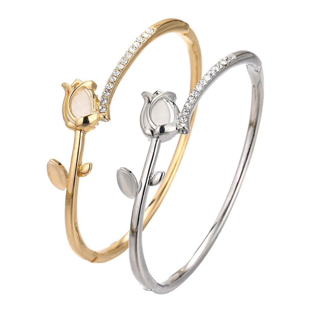 Rose Flower Bangle Bracelet | Electroplated | Gold & Silver