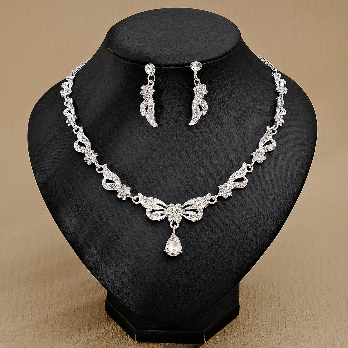 Rhinestone Necklace & Earrings Jewelry Set | Heart, Water Drop & Bell | 21 Colors | Bridal & Evening