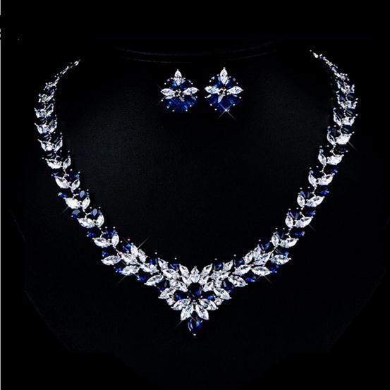 Zircon Flower Jewelry Set | Stud Earrings & Necklace | Blue, Red & White