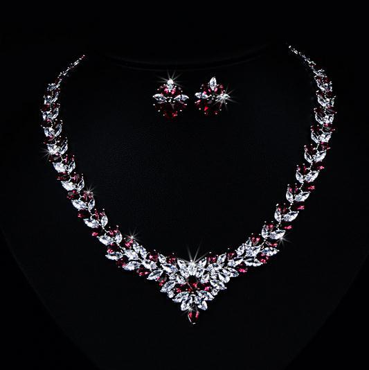 Zircon Flower Jewelry Set | Stud Earrings & Necklace | Blue, Red & White