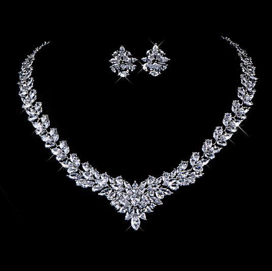 Zircon Flower Jewelry Set | Stud Earrings & Necklace | Blue, Red & White