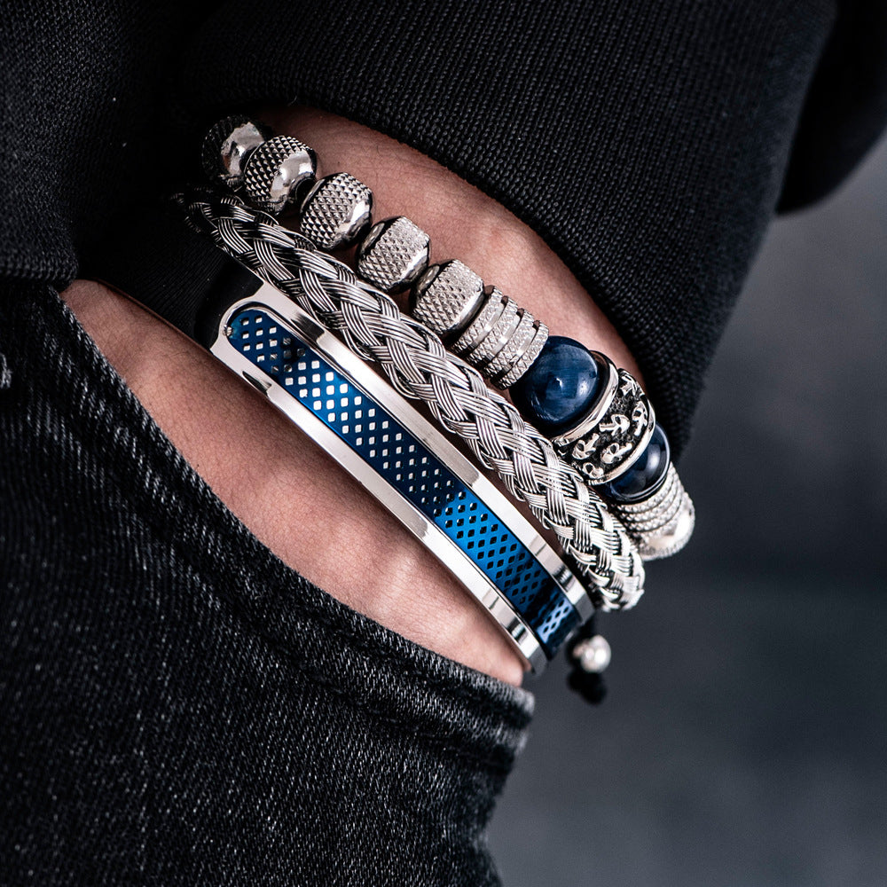 Men's Skull & Tiger Eye Bracelet Set | Stainless Steel | Black, Blue & Gold