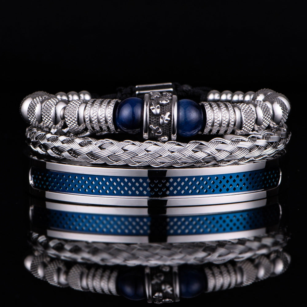 Men's Skull & Tiger Eye Bracelet Set | Stainless Steel | Black, Blue & Gold