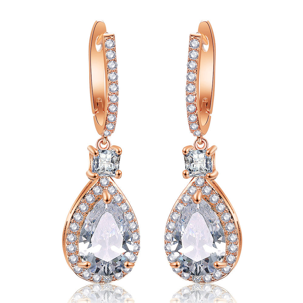 Bold Micro-Pavé Cubic Zirconia Earrings | Leaf & Water Drop | Rose Gold | Light Luxury