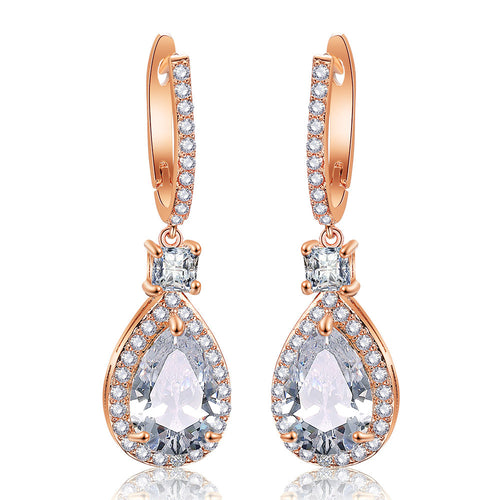 Bold Micro-Pavé Cubic Zirconia Earrings | Leaf & Water Drop | Rose Gold | Light Luxury