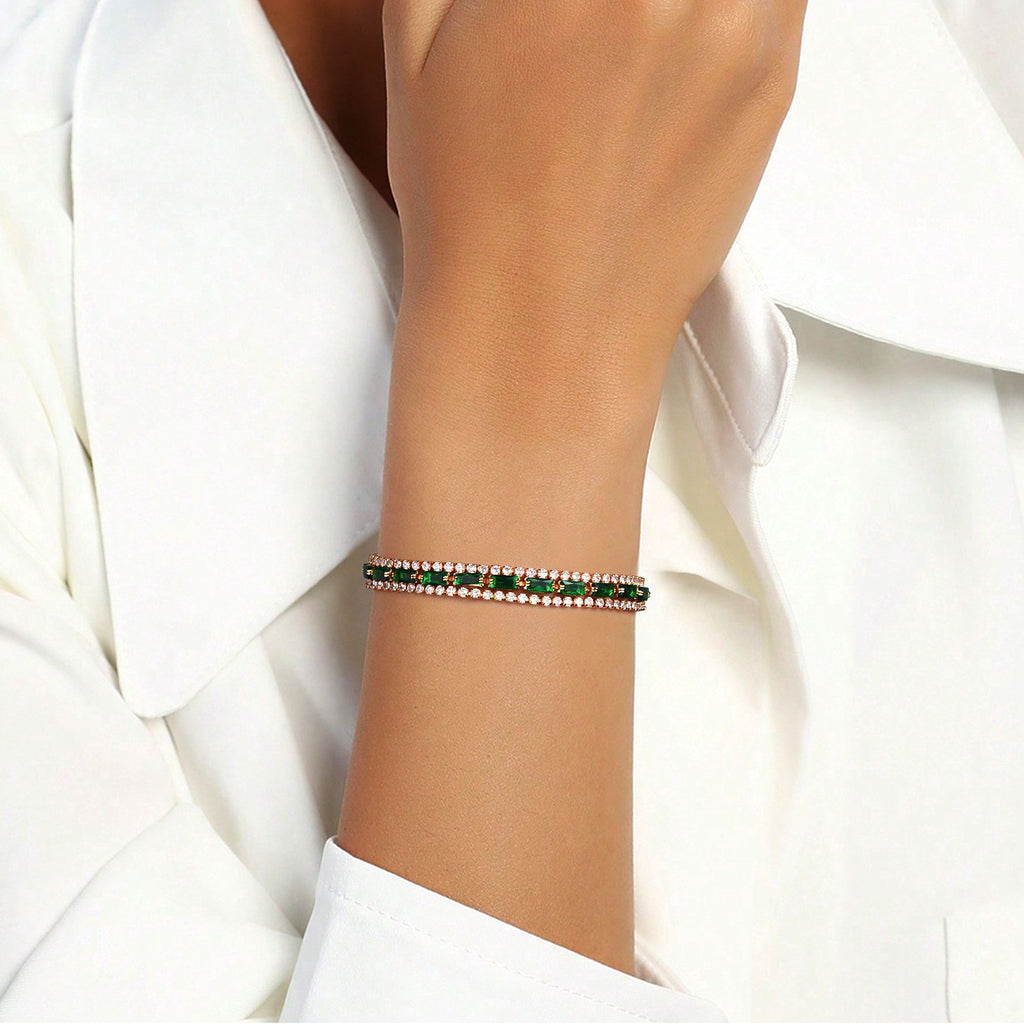 Full-Diamond Green Zircon Geometric Bracelet | Copper | Circle & Quadrilateral | 3 Styles
