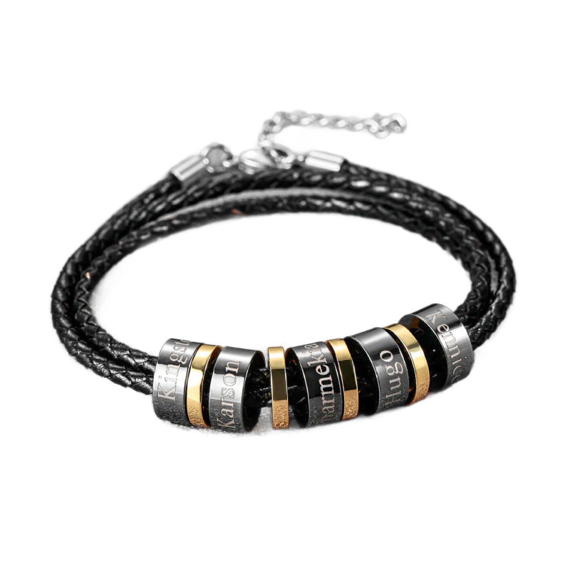 Men's Braided Leather Cord Bracelet | Stainless Steel Beads | 1–8 Bead Pairs