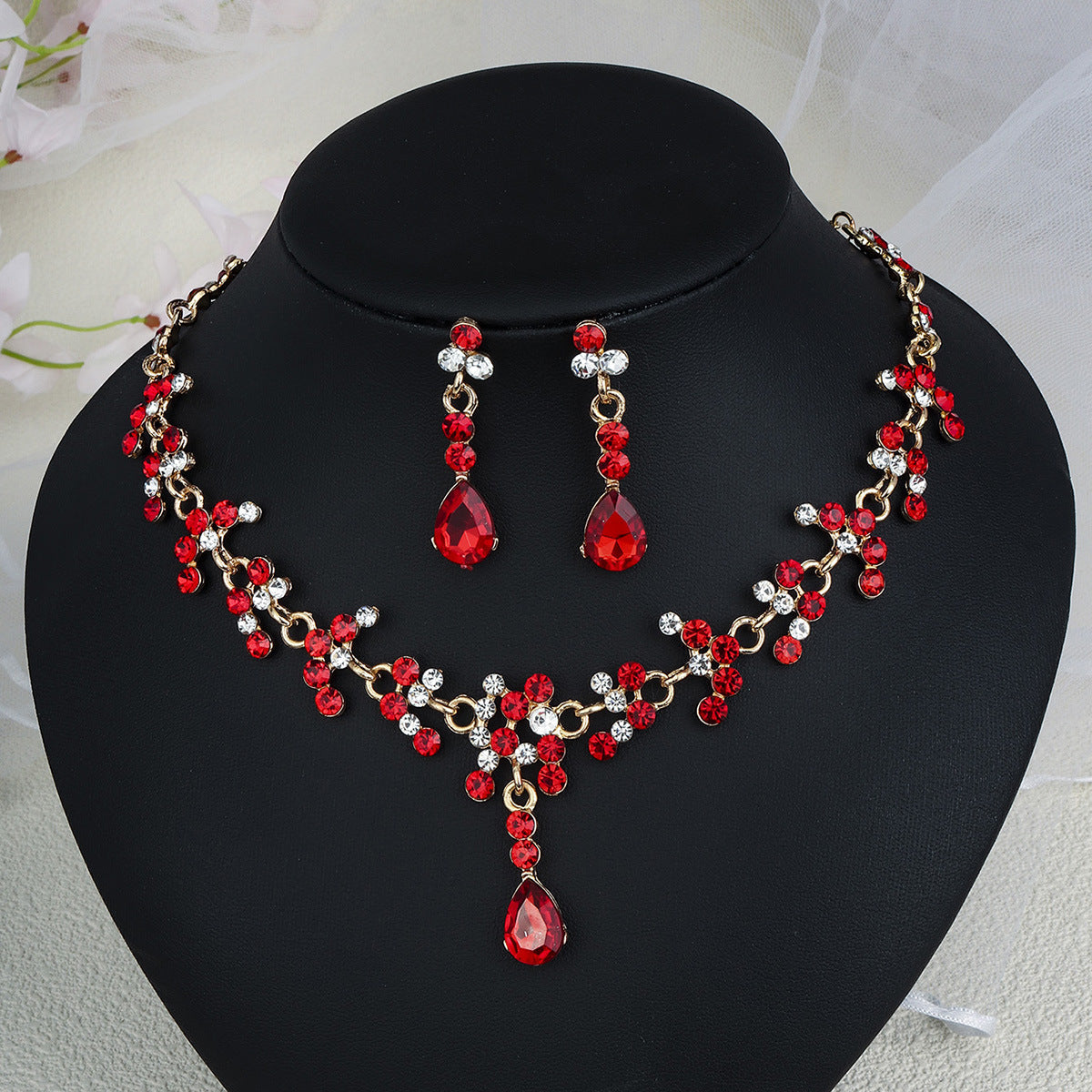 Rhinestone Necklace & Earrings Jewelry Set | Heart, Water Drop & Bell | 21 Colors | Bridal & Evening