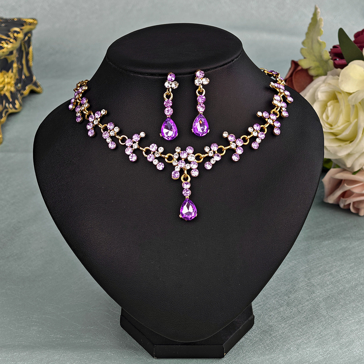Rhinestone Necklace & Earrings Jewelry Set | Heart, Water Drop & Bell | 21 Colors | Bridal & Evening