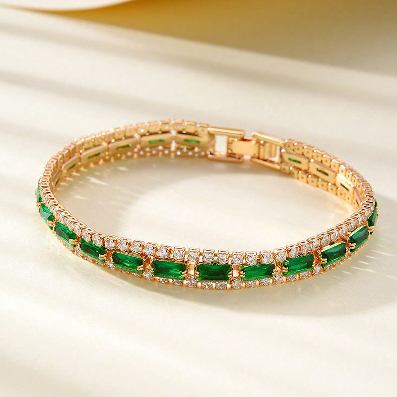 Full-Diamond Green Zircon Geometric Bracelet | Copper | Circle & Quadrilateral | 3 Styles