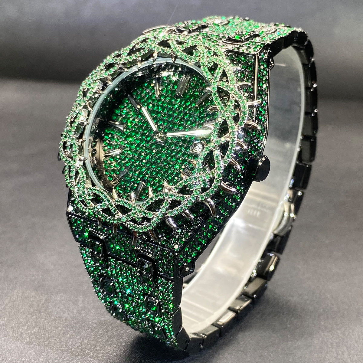 Hip-Hop Men's Watch | Full Zircon Diamond Inlay | Black & Green