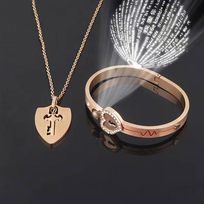 Couple Diamond Heart Lock Bracelet & Necklace Set | Titanium Steel | 4 Colors
