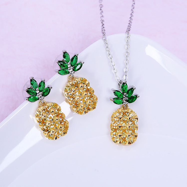 Crystal Pineapple & Coconut Tree Jewelry Set | 925 Silver | Korean Style