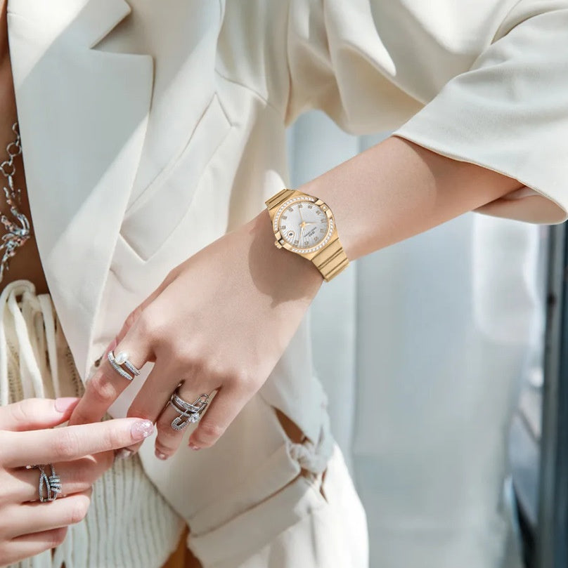 Women's Diamond Calendar Quartz Watch | Mineral Glass | Gold & Pink | Casual Luxury Watch