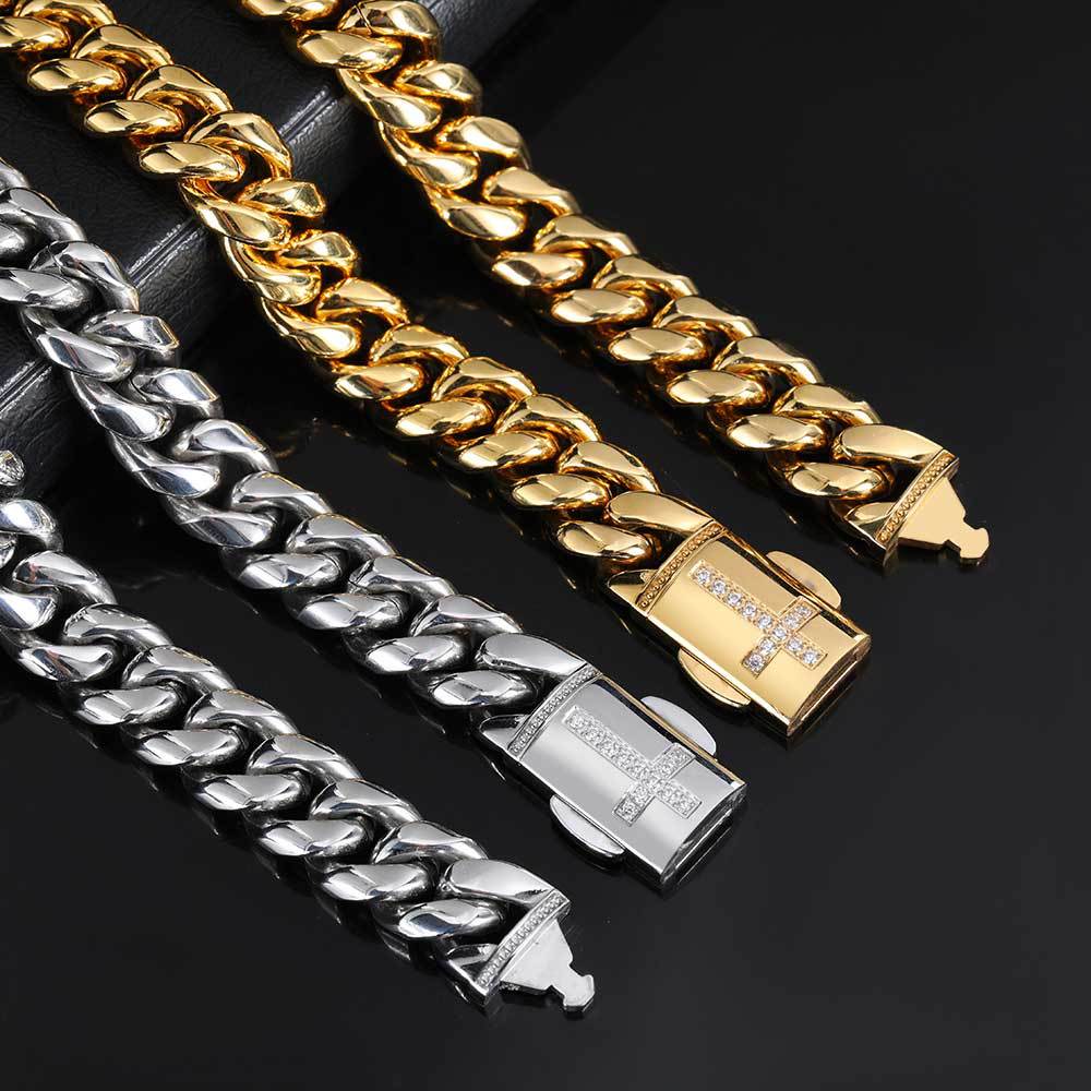 12mm Stainless Steel Chain Bracelet | Hip Hop | Gold & Steel | 5 Sizes