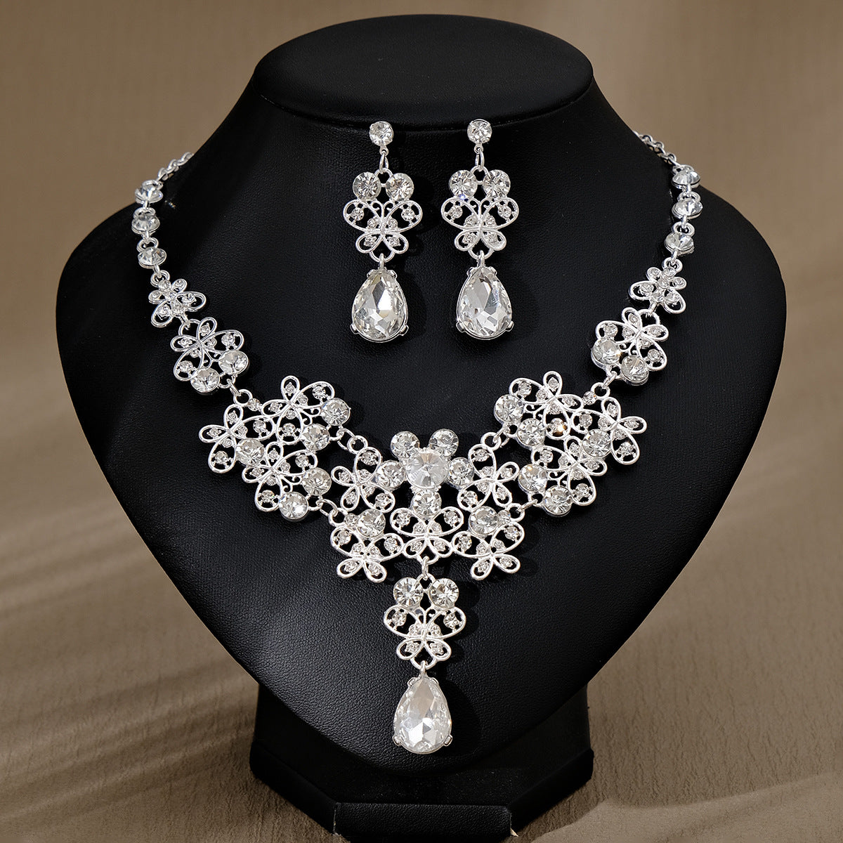 Rhinestone Necklace & Earrings Jewelry Set | Heart, Water Drop & Bell | 21 Colors | Bridal & Evening