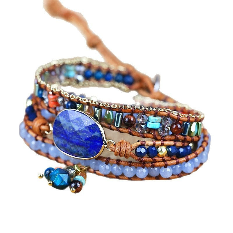 Lapis Lazuli Bezel-Set Multi-Layer Wax Cord Bracelet | Hand-Knitted | Artistic Retro