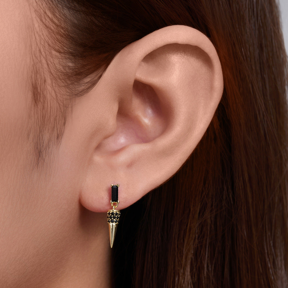 S925 Sterling Silver Cone Earrings | Black Zircon Inlay | Triangle Geometric | White & Yellow