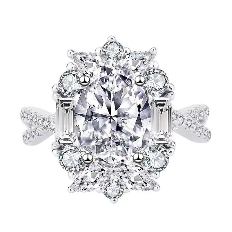 Luxury Design Oval Simulated Moissanite Engagement Ring, White Gold Plated, For Women