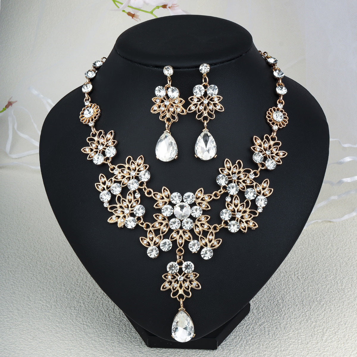 Rhinestone Necklace & Earrings Jewelry Set | Heart, Water Drop & Bell | 21 Colors | Bridal & Evening