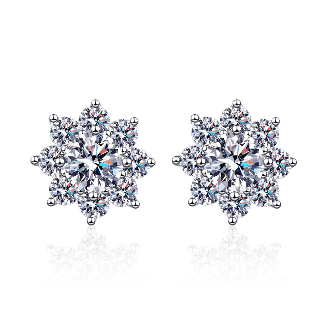 S925 Sterling Silver Snowflake Moissanite Stud Earrings | 6 Stone Sizes | Chinese Floral Style