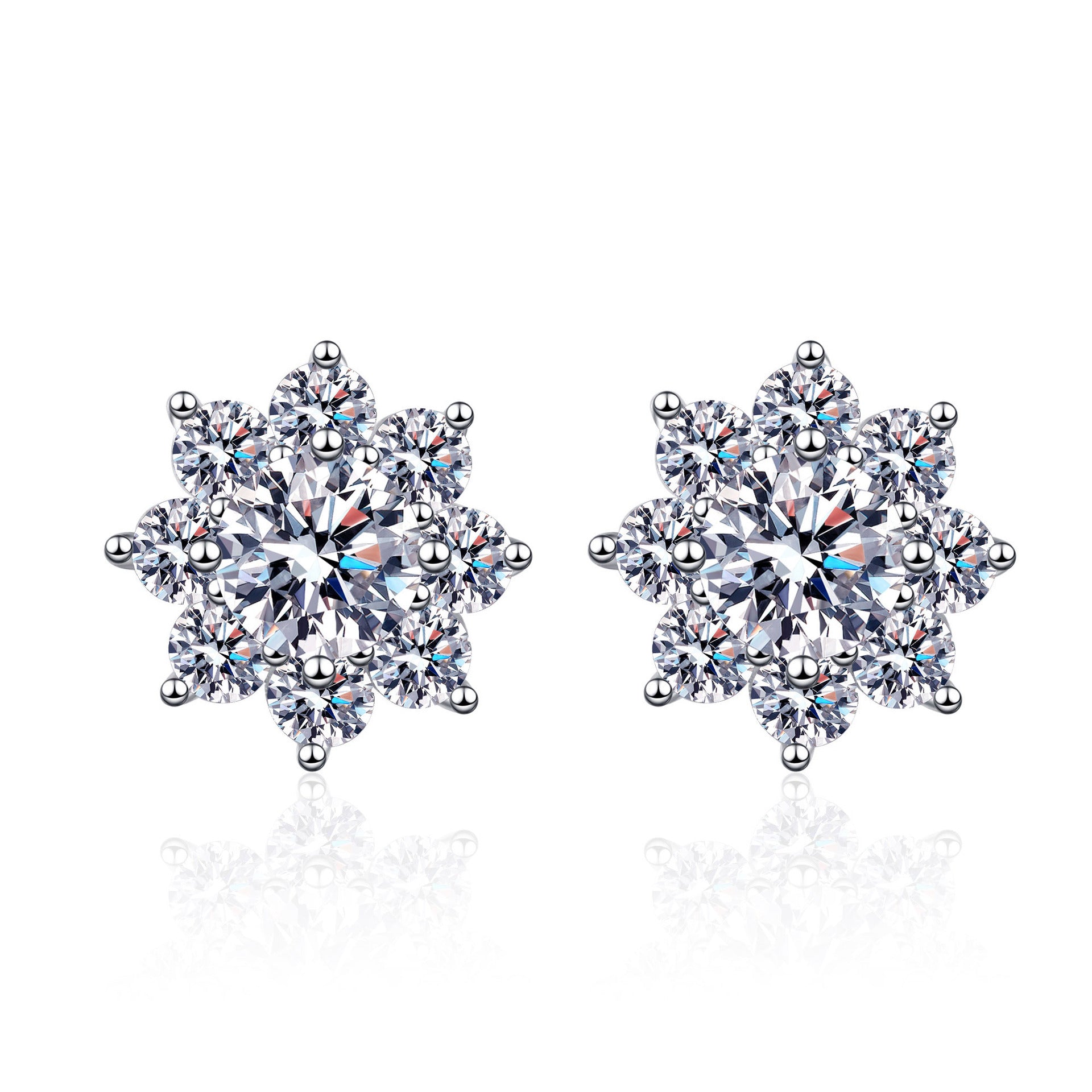 S925 Sterling Silver Snowflake Moissanite Stud Earrings | 6 Stone Sizes | Chinese Floral Style