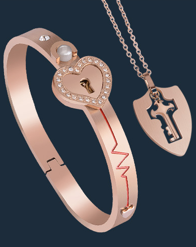 Couple Diamond Heart Lock Bracelet & Necklace Set | Titanium Steel | 4 Colors