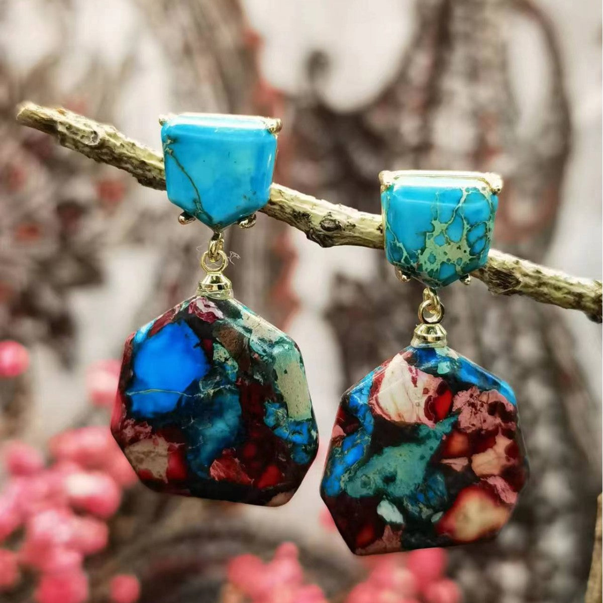 Emperor Stone Geometric Earrings | Ethnic Retro Style | 5 Natural Stone Colors