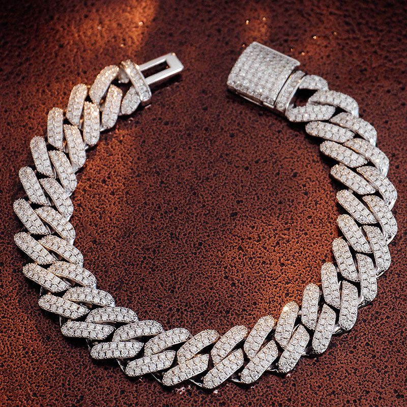 Moissanite Double-Row Cuban Bracelet | Silver | 10mm & 14mm | Beveled Edge
