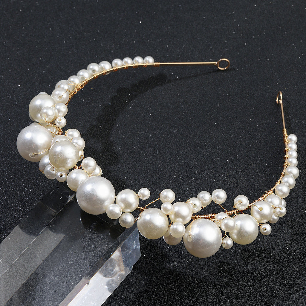 Retro Bridal Pearl Headband | Korean Style | Gold | Featherlight 45g | Simple Bridal Hair Jewelry