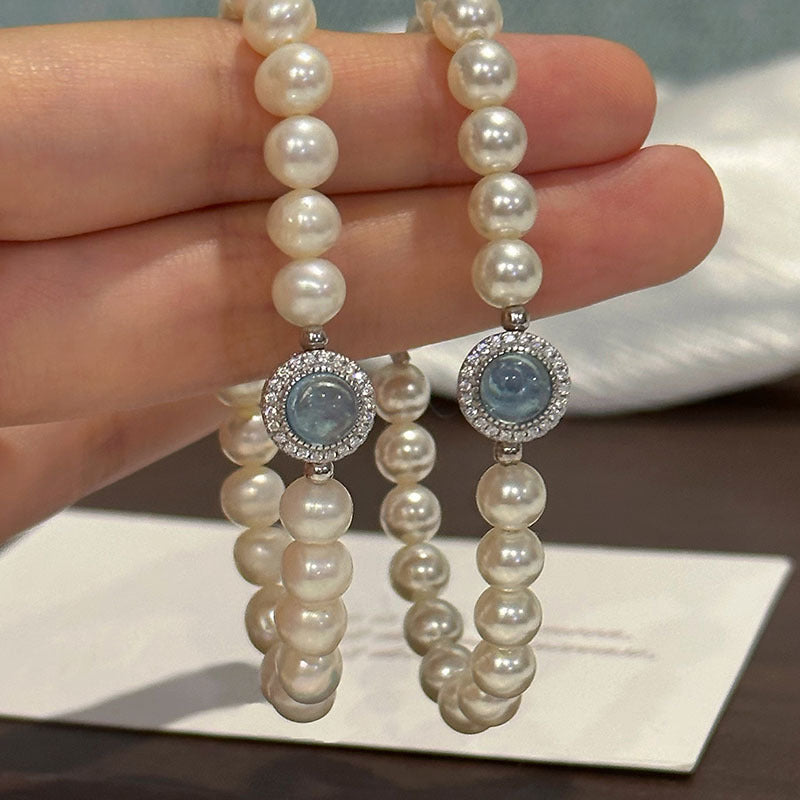 Natural Pearl & Aquamarine Bracelet | 925 Silver | Clasp & Elastic Versions
