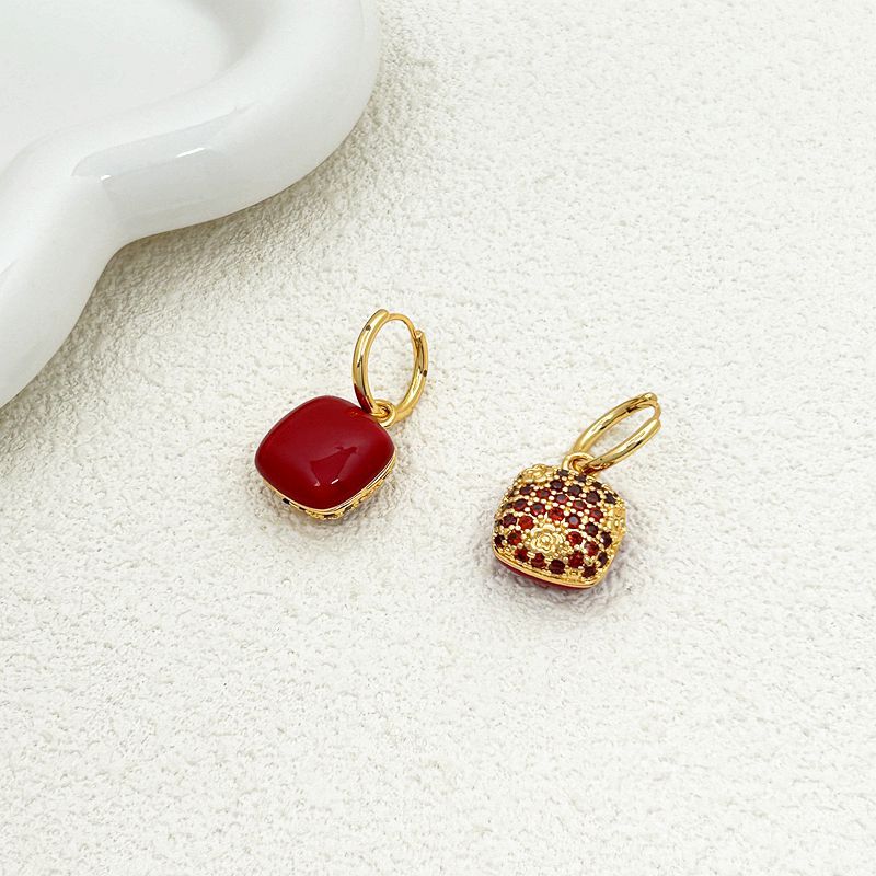 Drop-Glaze Micro-Set Zirconia Stud Earrings | Geometric | Blue, Red & White | European Style