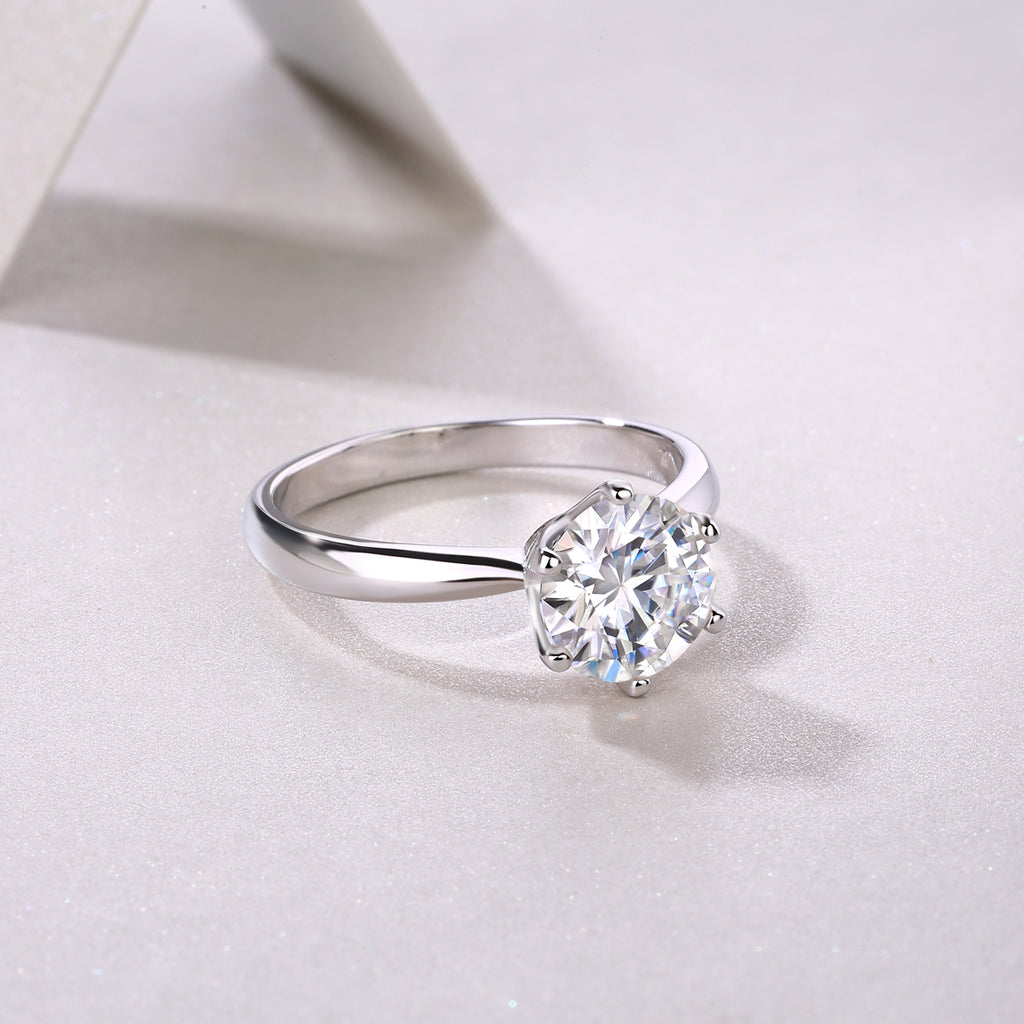 Classic Six-prong Mossan Diamond Silver Open Ring