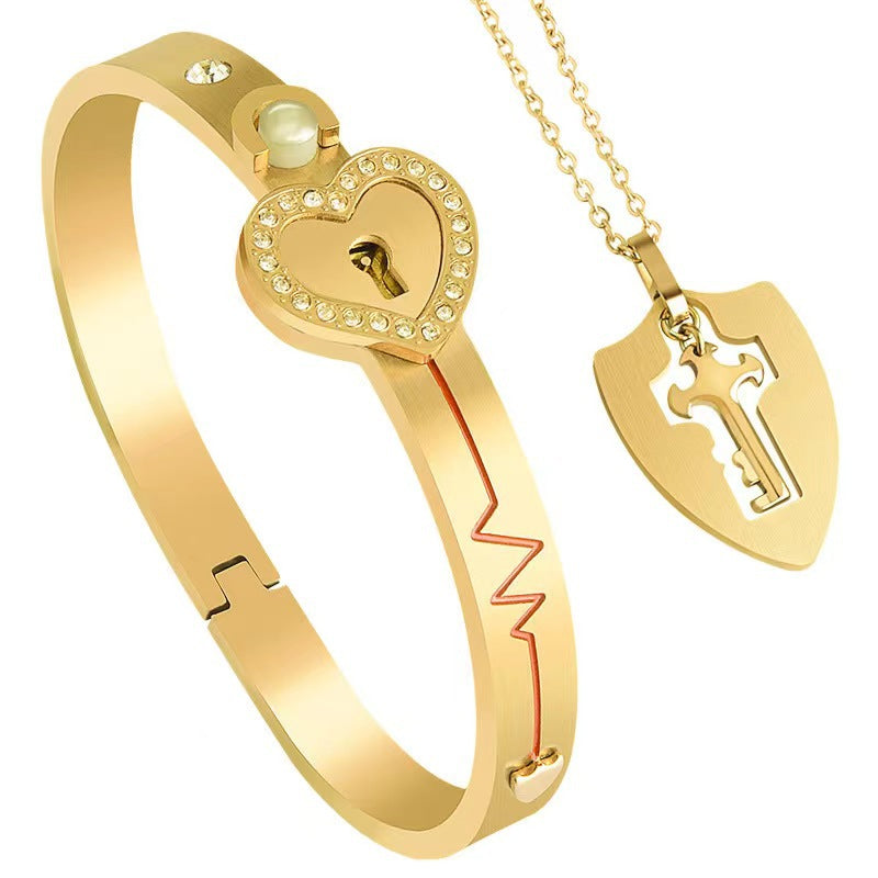 Couple Diamond Heart Lock Bracelet & Necklace Set | Titanium Steel | 4 Colors
