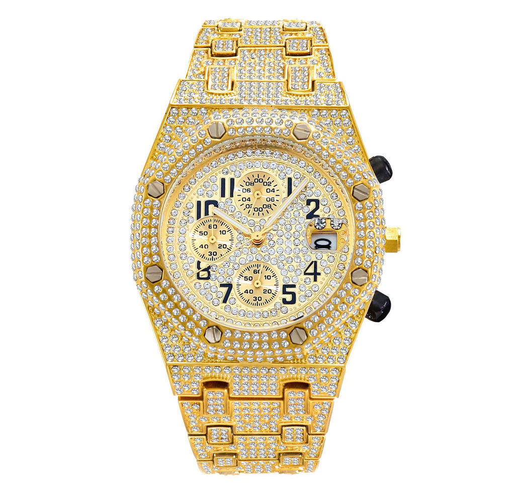 Full Diamond Three-Eye Chronograph Men's Watch | Gold & Silver