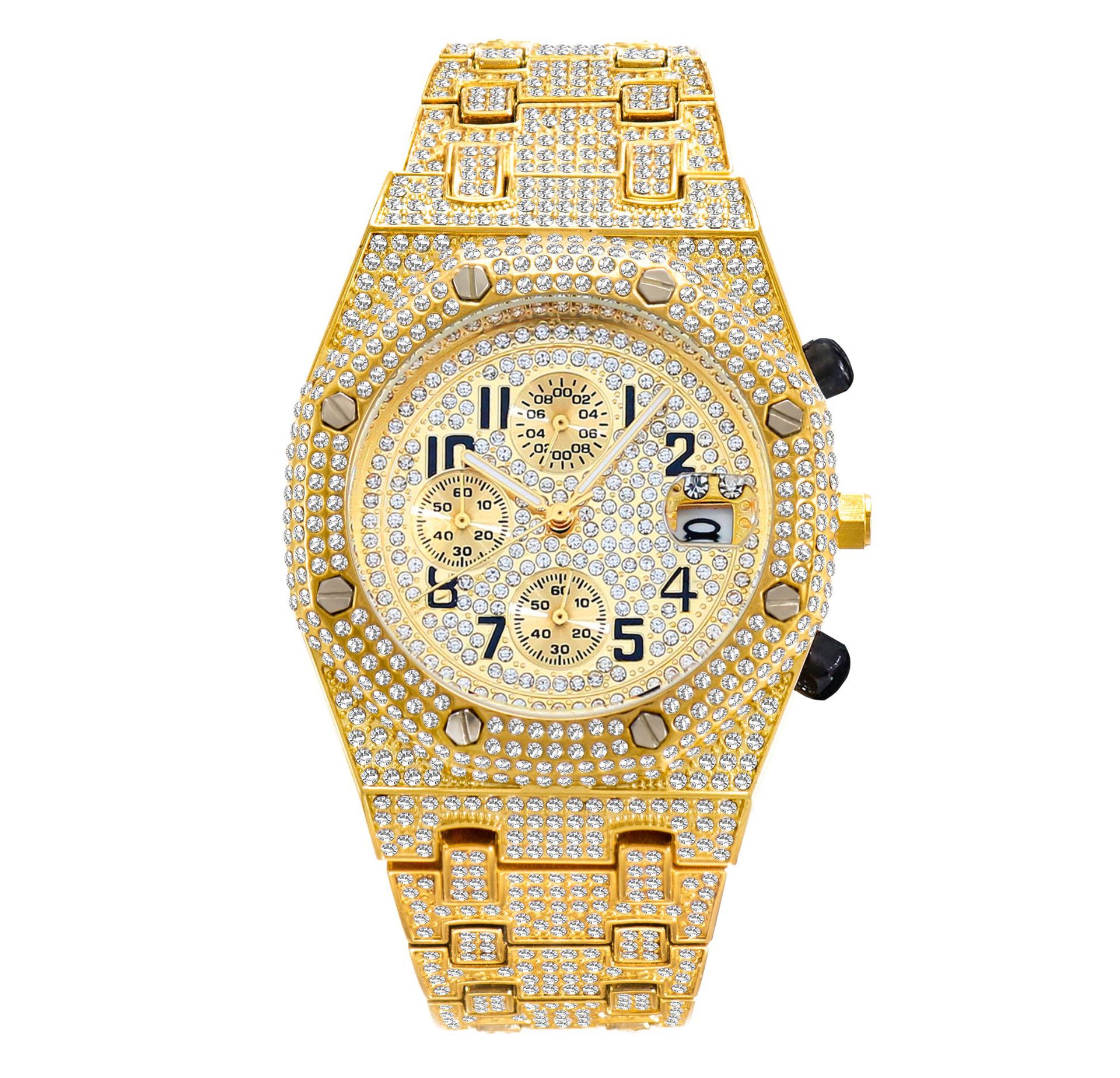 Full Diamond Three-Eye Chronograph Men's Watch | Gold & Silver