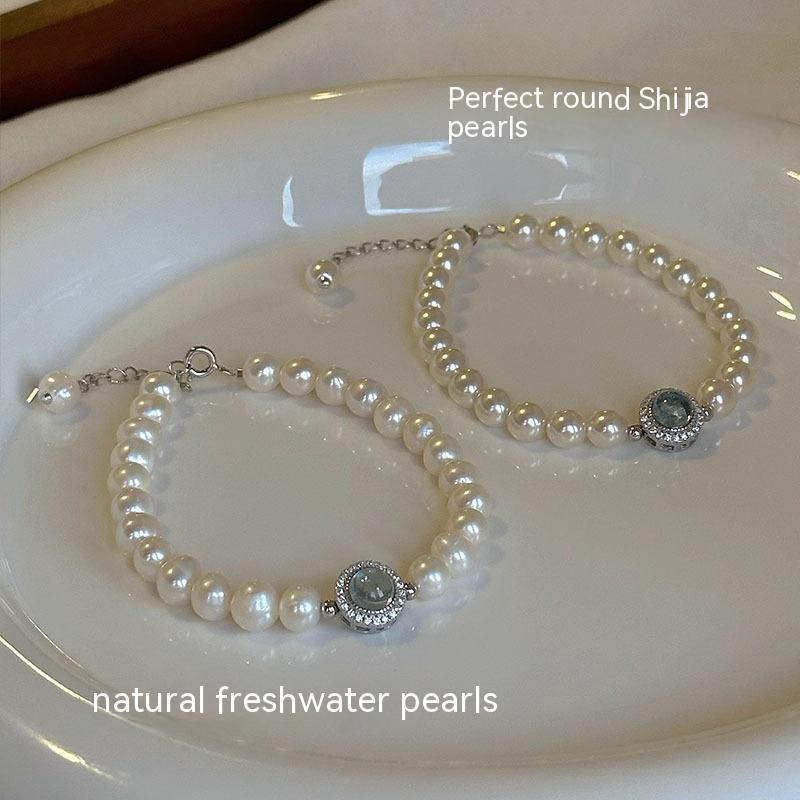 Natural Pearl & Aquamarine Bracelet | 925 Silver | Clasp & Elastic Versions